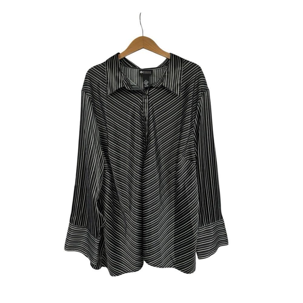 Maggie Barnes Black White Stripe Satin Button Up Shirt Womens Size 4XL 30/32W